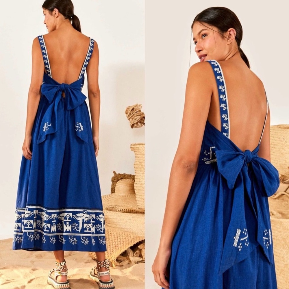 Farm Rio Blue Macaw Embroidered Backless Midi Dress NWT– Size XL - Picture 3 of 11